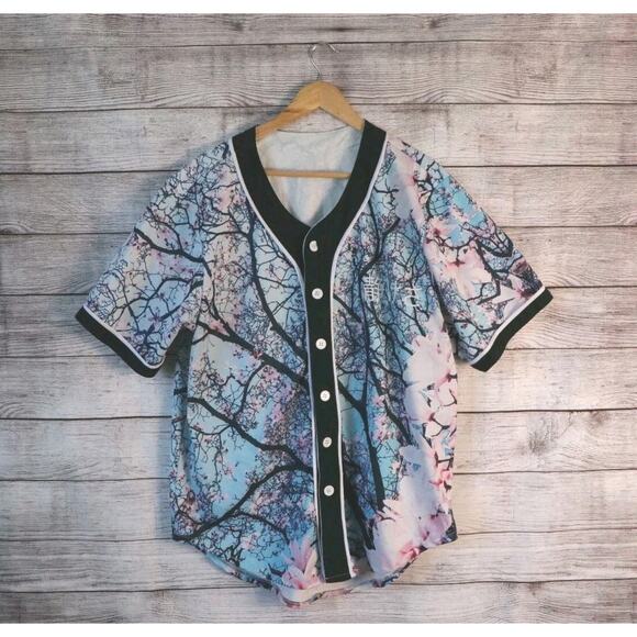 Fresh Hoods Medium Cherry Blossoms Rave Japanese Quiteness Button Shirt Jersey - Picture 1 of 5